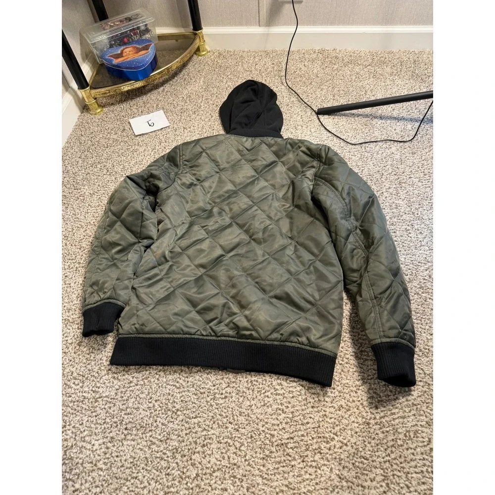 Capsule boys Olive Green Quilted Bomber Jacket Black Hooded Full Zip Large